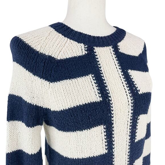 J. CREW Mixed Stripe Navy & Ivory Cotton-Linen Blend Sweater Size S - Picture 5 of 8